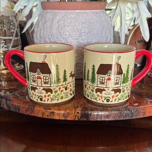 NATURAL LIFE Cream and Red Mugs with Cozy Cabin Design